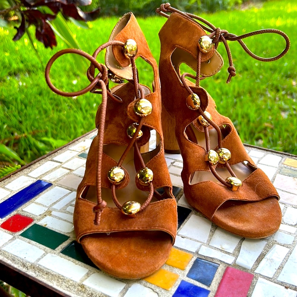 Rebecca Minkoff suede lace up open toe chunky wood column heels - Picture 3 of 7